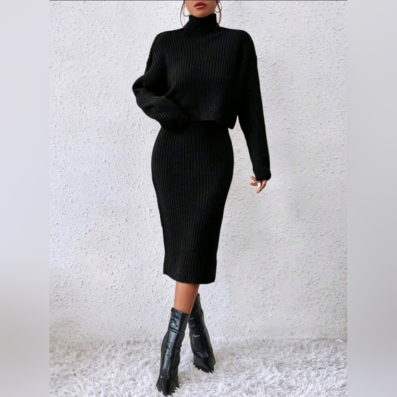 New Chic 2 Piece Ribbed Sweater Dress Black Two Piece Set - Picture 2 of 8